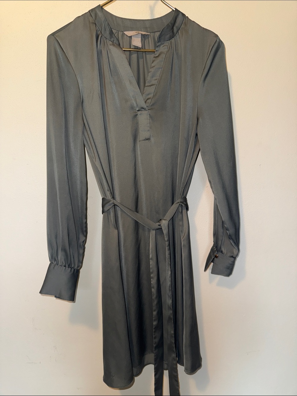 H&M Slate Gray Satin Long-Sleeve Belted Dress